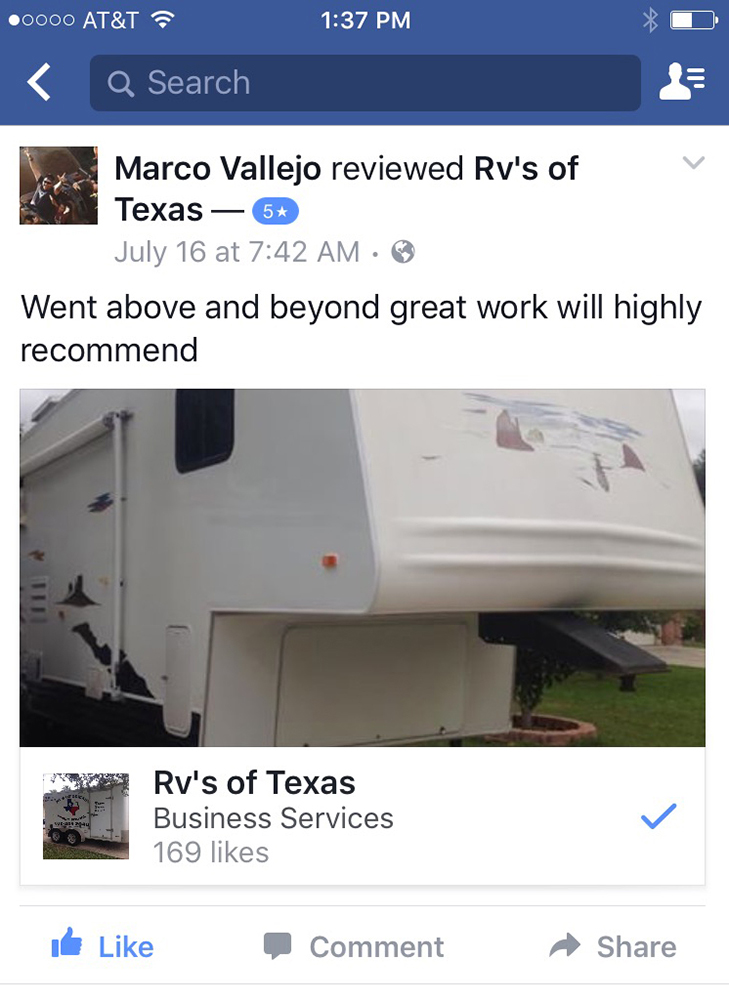 Review from Facebook for RVs of Texas Mobile Service - April 2016