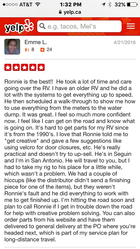 Review from Yelp for RVs of Texas Mobile Service - April 2016
